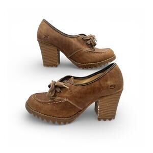 Skecher Girl Leather Lug Sole Block Heel Oxford 5.5 Y2K Academia Utilitarian
